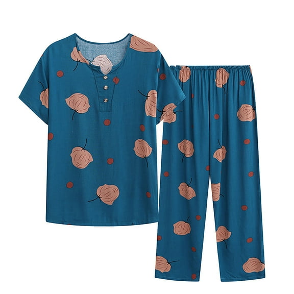 Odeerbi Cotton Linen Pajama Set for Women Short Sleeve Top and Long Pants 2 Piece Loungewear Soft Sleepwear Summer Round Neck Pajama Set Printed Tops Pants Set Navy