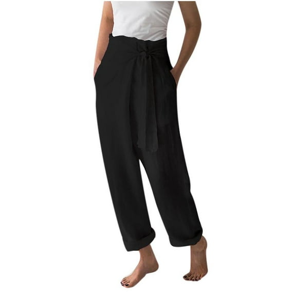 Odeerbi Cotton Linen Pants for Women 2025 High Waist Wide Leg Pants Solid Color Elastic Waist Pants Khaki