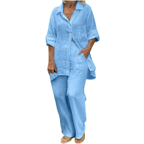 Odeerbi Cotton Linen Shirts Set for Women Oversized Long Sleeve Shirt Solid Turndown Collar Tops Pants Set Blue