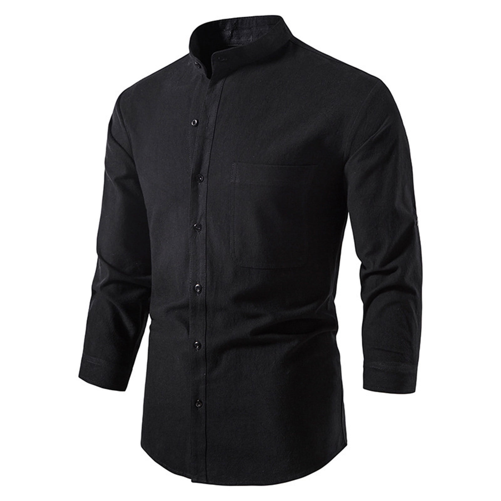Men's Cotton Linen Shirts Madarin Neck Solid Color Long Sleeve Loose Top Shirt