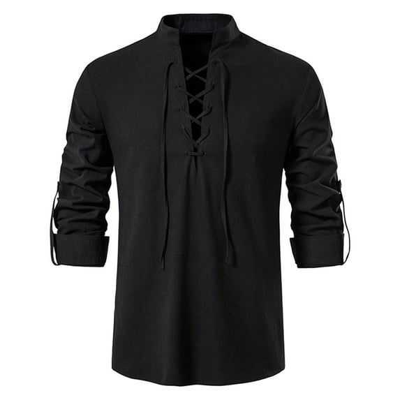 Odeerbi Cotton Linen Shirts for Men Summer Casual Solid Color Blouse Mandarin Collar Slim Long Sleeve Tops Black