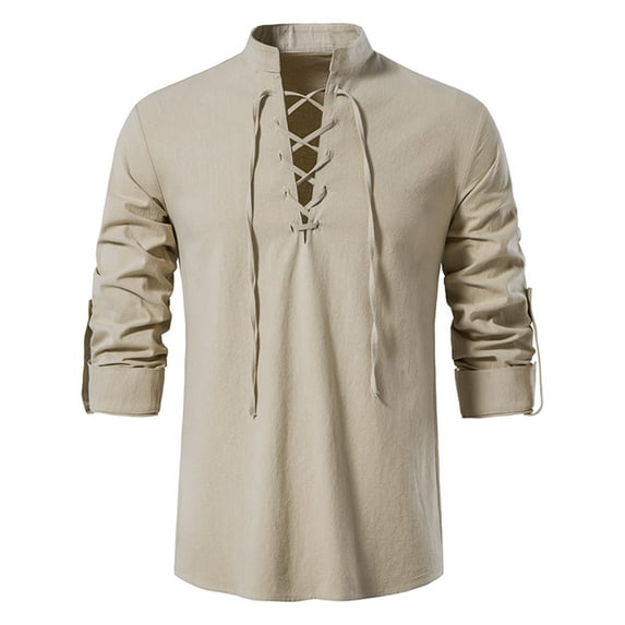 Odeerbi Cotton Linen Shirts for Men Summer Casual Solid Color Blouse Mandarin Collar Slim Long Sleeve Tops Khaki