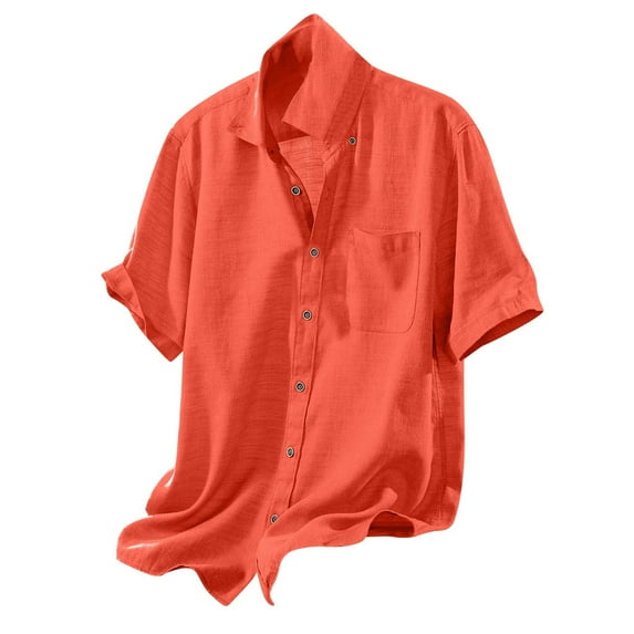 Odeerbi Cotton Linen Shirts for Men Summer Lightweight Short Sleeve Beach Shirt Casual Solid Color Turn Down Collar Button Blouse with Pocket Orange