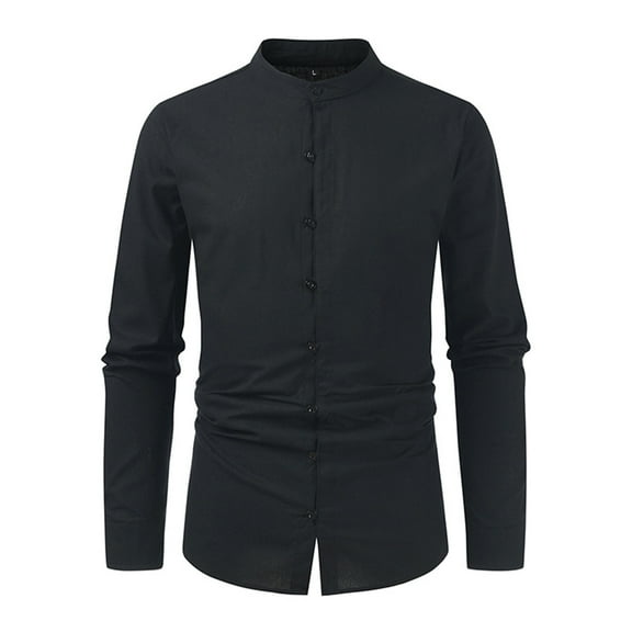 Odeerbi Cotton Linen Shirts for Men Summer Long Sleeve Mandarin Collar Shirt Solid Color Casual Lightweight Button Blouse Black