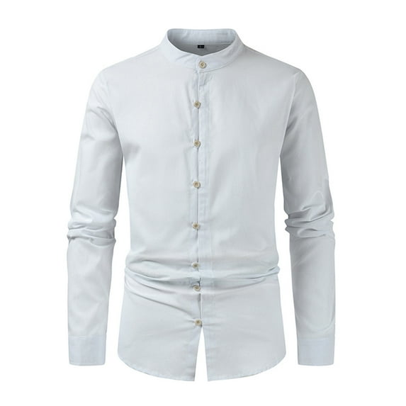 Odeerbi Cotton Linen Shirts for Men Summer Long Sleeve Mandarin Collar Shirt Solid Color Casual Lightweight Button Blouse White