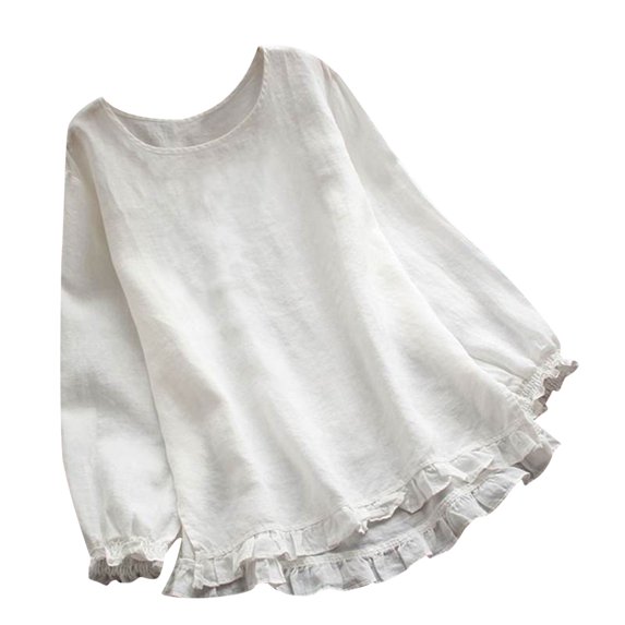 Odeerbi Cotton Linen Shirts for Women 2024 Casual Loose Blouse Solid Ruffles Sleeve Round Neck Tops White