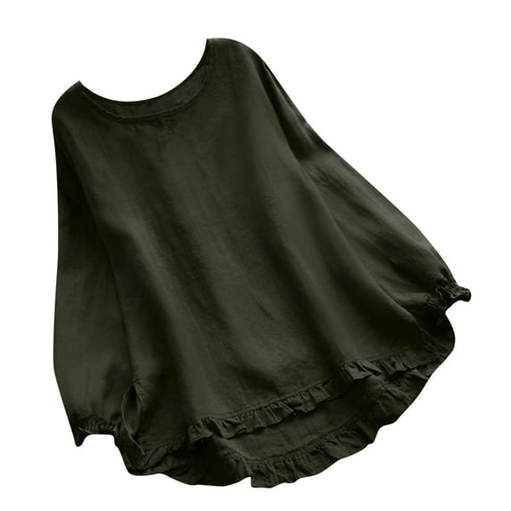 Odeerbi Cotton Linen Shirts for Women 2024 Casual Loose Blouse Solid Ruffles Sleeve Round Neck Tops White