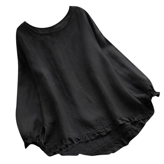 Odeerbi Cotton Linen Shirts for Women 2024 Casual Loose Blouse Solid Ruffles Sleeve Round Neck Tops White