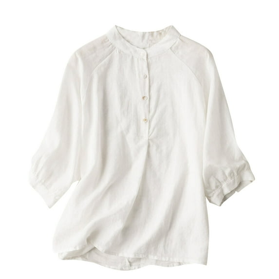 Odeerbi Cotton Linen Shirts for Women Fashion Summer Casual Loose Tops Short Sleeve V-Neck Blouse White