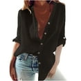 thumbnail image 1 of Odeerbi Cotton Linen Shirts for Women Summer Mandarin Collar Long Sleeve Shirt Beach Casual Lightweight Solid Color Loose Button Tops Black, 1 of 6