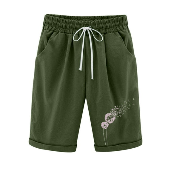 Odeerbi Cotton Linen Shorts For Women Large Size Wide Leg Shorts 2025 Casual Printed Five Points Pants Olive Drab