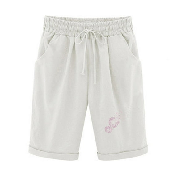 Odeerbi Cotton Linen Shorts For Women Large Size Wide Leg Shorts 2025 Casual Printed Five Points Pants White