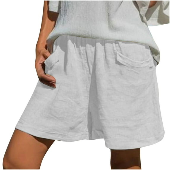 Odeerbi Cotton Linen Shorts For Women Trendy 2024 Casual Elastic Waist Shorts Solid Color Short Pants with Pocket White