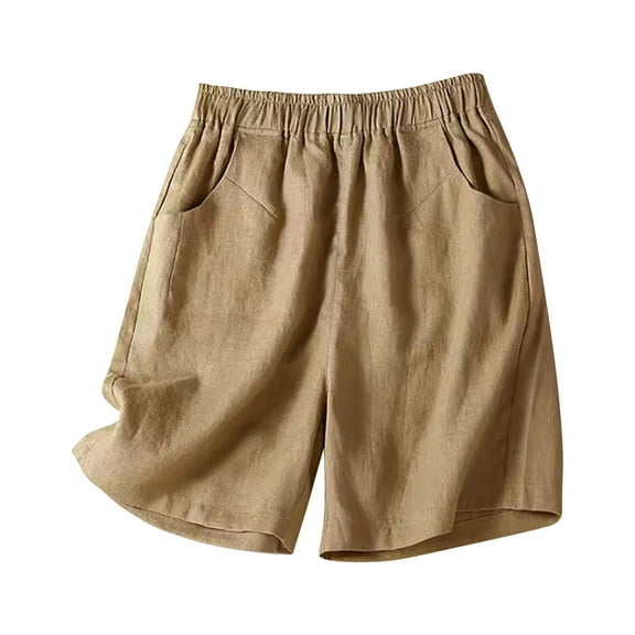 Odeerbi Cotton Linen Shorts for Women Wide Leg Shorts Casual Summer Elastic High Waist Bermuda Shorts Breathable Lightweight Comfortable Shorts Khaki