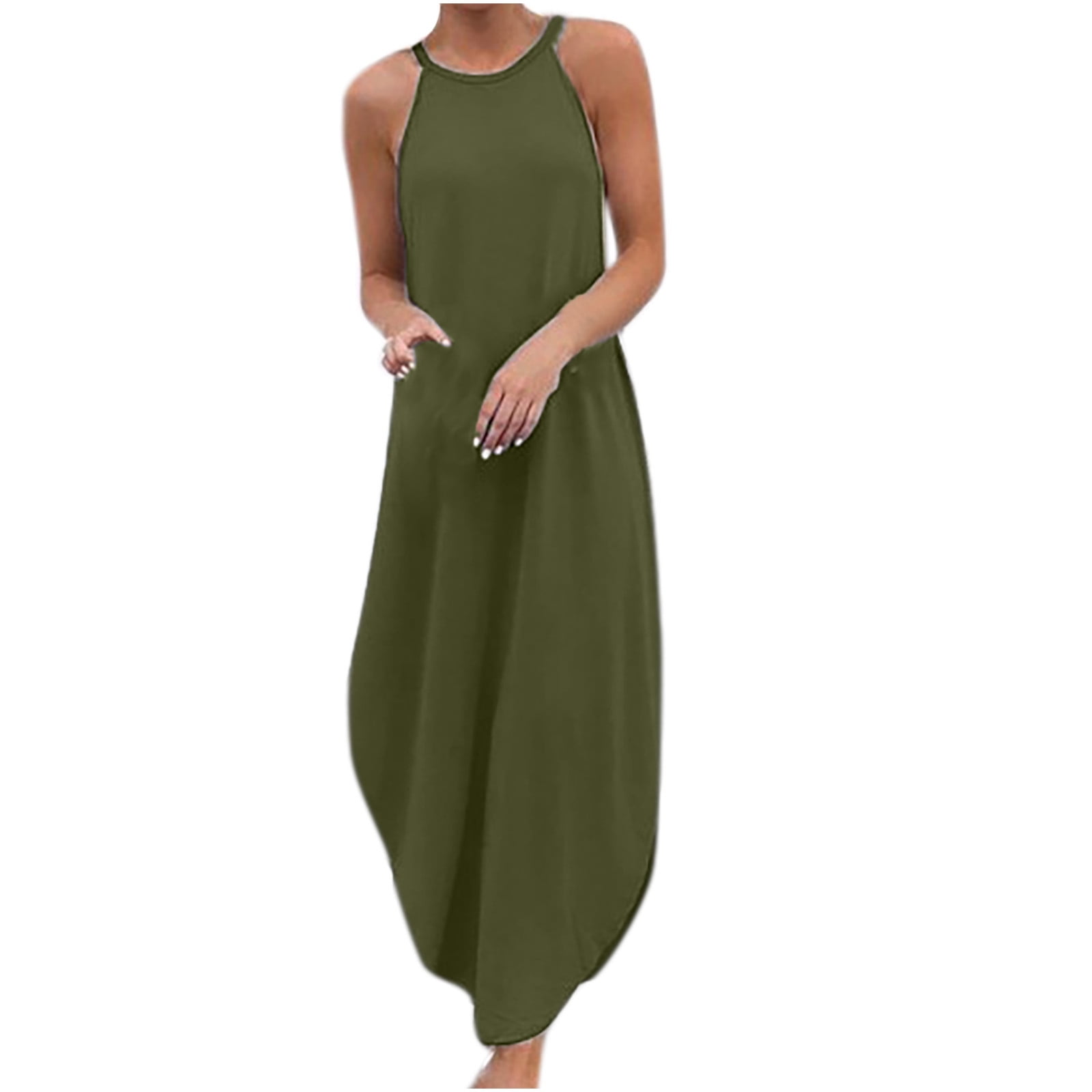 Odeerbi Cotton Linen Slip Dress for Women Plain Sleeveless Printed 2025  Casual Split Dress Round Neck Dress Green - Walmart.com