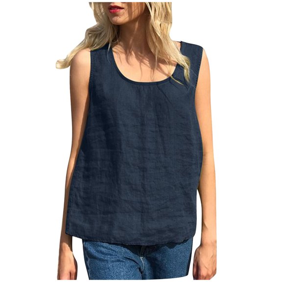 Odeerbi Cotton Linen Tank Tops for Women Summer Large Size Leeveless Tops Casual Solid Color Loose Blouse Navy