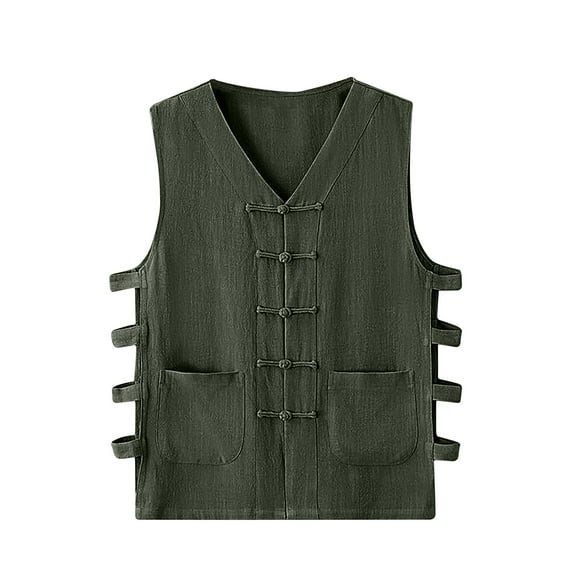 Odeerbi Cotton Linen Undershirt for Men Vintage Waistcoat 2025 Casual Solid Tank Top Buckle Sleeveless Vest Olive Drab