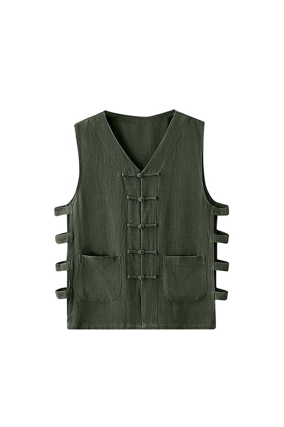 Cotton Linen Undershirt for Men Vintage Waistcoat 2025 Casual Solid Tank Top Buckle Sleeveless Vest Olive Drab