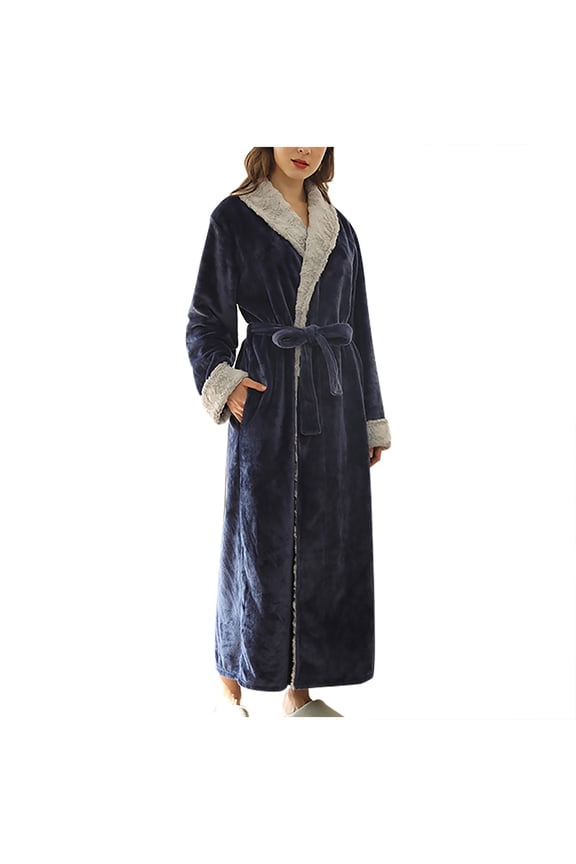 Couple Robes For Men Women Winter Warm Fleece Bathrobe Autumn Open Front Nightgown Navy
