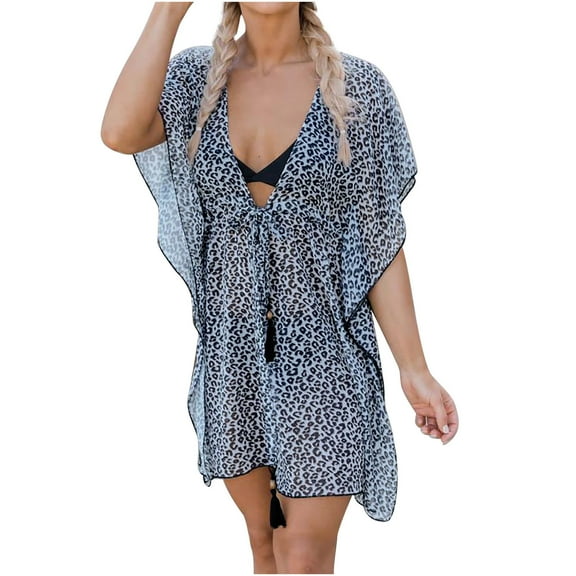 Odeerbi Cover Ups for Women 2025 Leopard Printed Beach Mini Dress Cover Up Gown Deep V-Neck Ruffles Sleeve Perspective Bandage Dress Blue