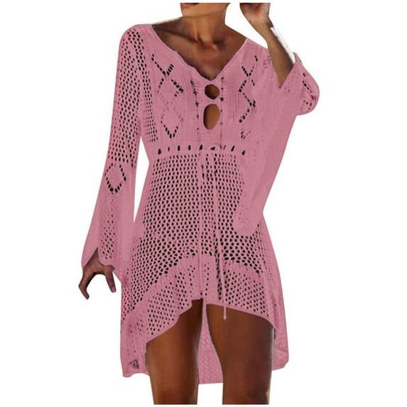 Odeerbi Crochet Cover Ups for Women 2025 Beach Swimwear Cover Up Hollow Out Knitted Swimsuit Bikini Erogenous Flared Sleeves Light Blue