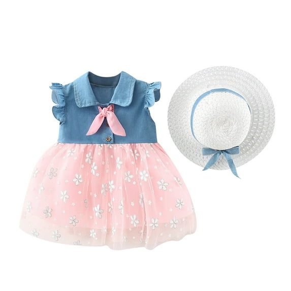 Odeerbi Cute Tulle Dresses For Girls Baby Toddler 2025 Fashion Sleeveless Sweet Embroidery Print Ruffle Denim Dress Hat Set Pink