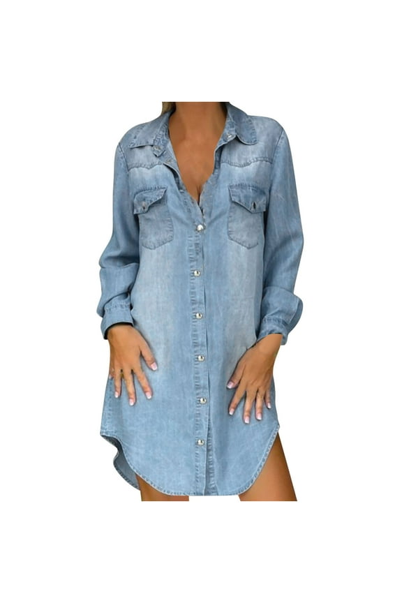 Denim Dress For Women Wrap Dress Trendy Symmetrical Pocket Lapel 2025 Long Sleeve Breasted Belt Slim Shirt Dress Blue