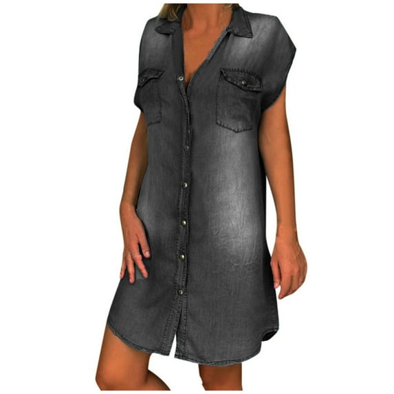 Odeerbi Denim Dress for Women 2025 Casual V-neck Party Dresseses Sleeveless Swing Dress Dark Blue