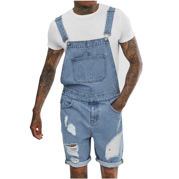 Odeerbi Denim Overall Shorts for Men 2025 Casual Fashion Solid Breast Pocket Ripped Shorts Straight Type Overalls Light Blue