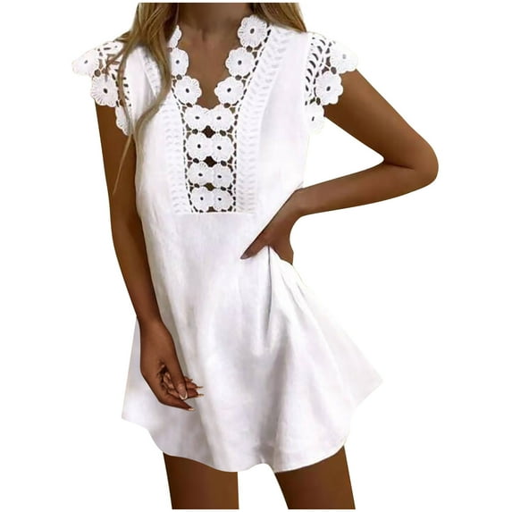 Odeerbi Dresses For Women 2025 Casual Dresses Beach Solid Color Sleeveless Lace Tank Dress White