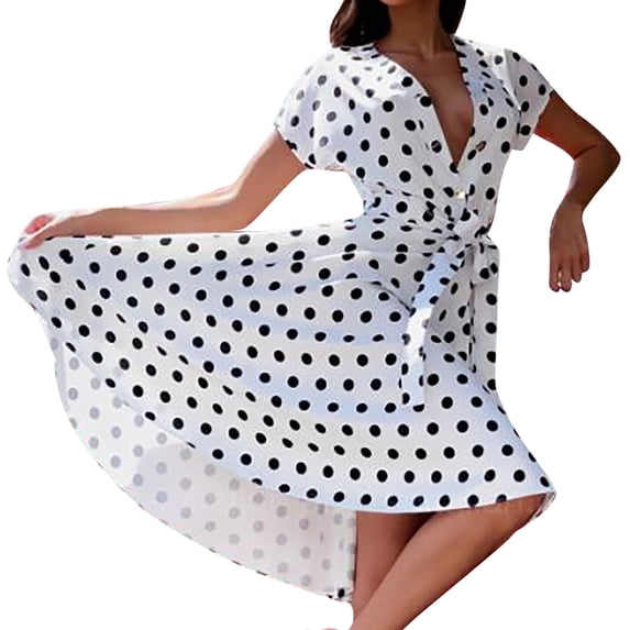 Odeerbi Dresses For Women 2025 Casual Dresses Erogenous Button Short Sleeve Printing V Neck Lacing Knee-Length Dress (Belt Included) White