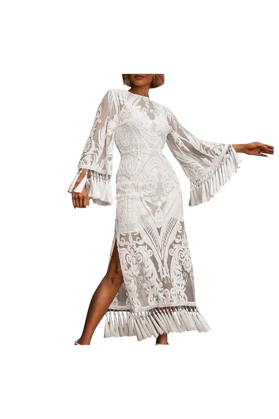 Dresses For Women 2025 Long Sleeve Dress Lace Embroidered Fringe Dress Banquet Party Evening Dress White