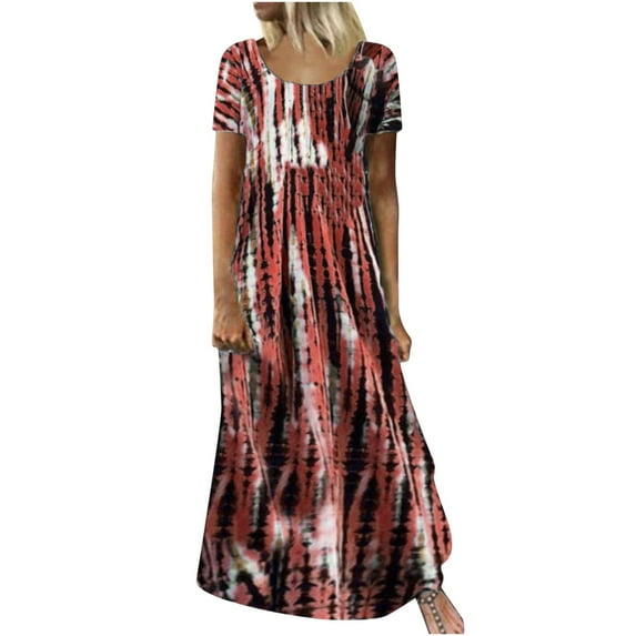 Odeerbi Dresses For Women 2025 Plus Size Maxi Dress Tie-Dye Print Swing Casual Floral Dress Short Sleeve Dress Gray