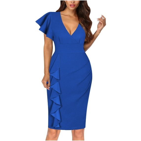 Odeerbi Dresses For Women 2025 Homecoming Dresses Evening Party Dresses Erogenous Solid V-Neck Ruffle Short Sleeve Ruched Blue