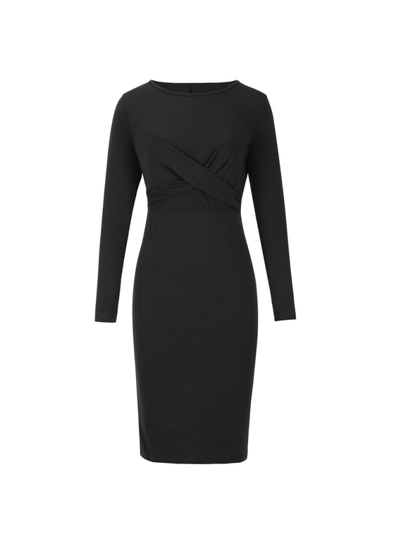 Dresses For Women 2025 Long Sleeve Dress Solid Slim Hip Wrap Round Neck Dress Black