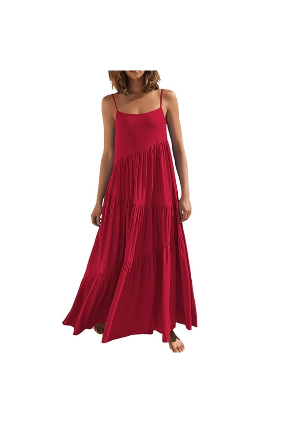 Dresses For Women 2025 Maxi Dress Casual Loose Strap Beach Long Dress Red