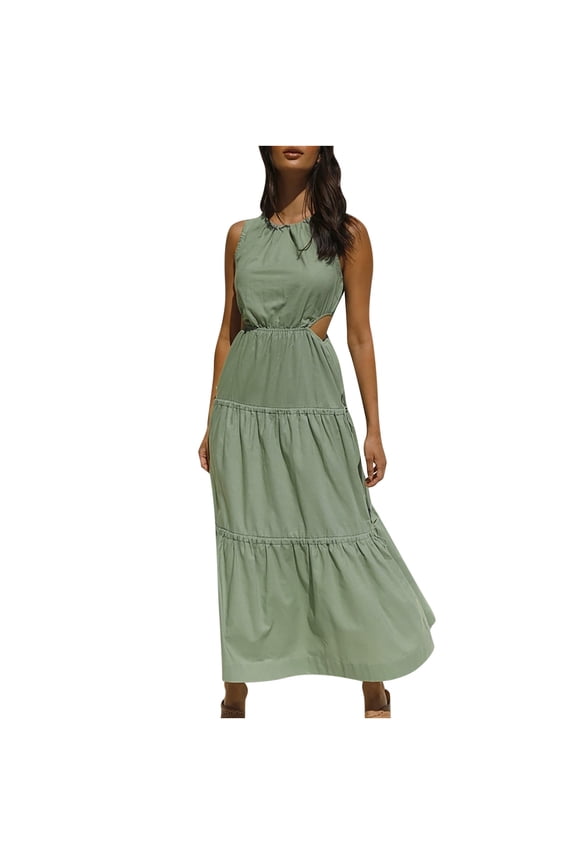 Dresses For Women 2025 Maxi Dress Trendy Bohemian Crewneck Elasty Sleeveless Solid Ankle-Length Dress Gray