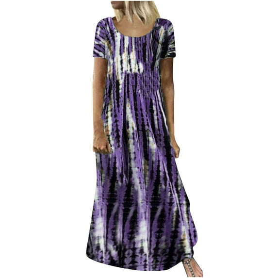 Odeerbi Dresses For Women 2025 Plus Size Maxi Dress Tie-Dye Print Swing Casual Floral Dress Short Sleeve Dress Gray