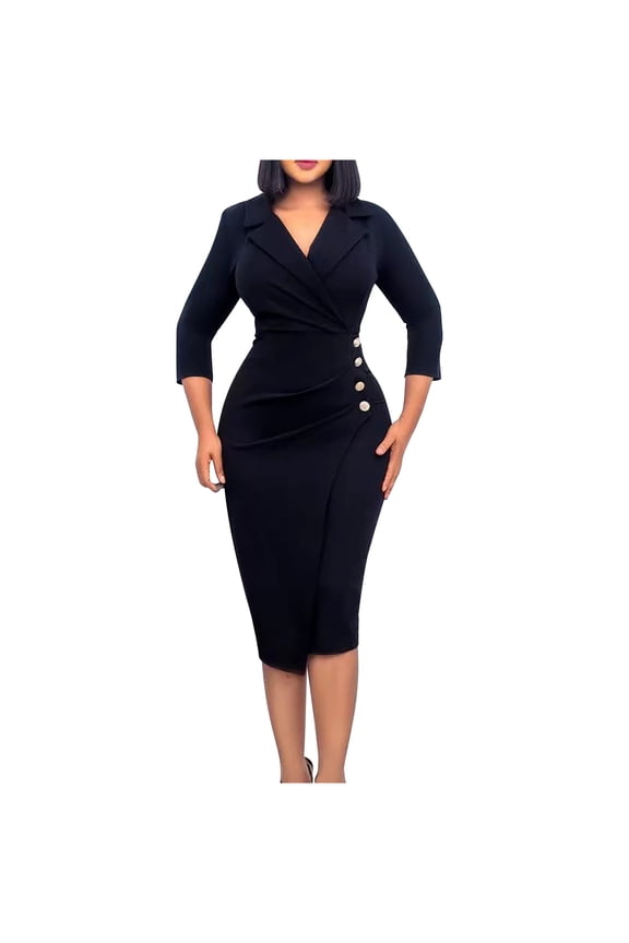 Dresses For Women Business Wear Lapel Solid Color Long Sleeve Button Slim Dress Black