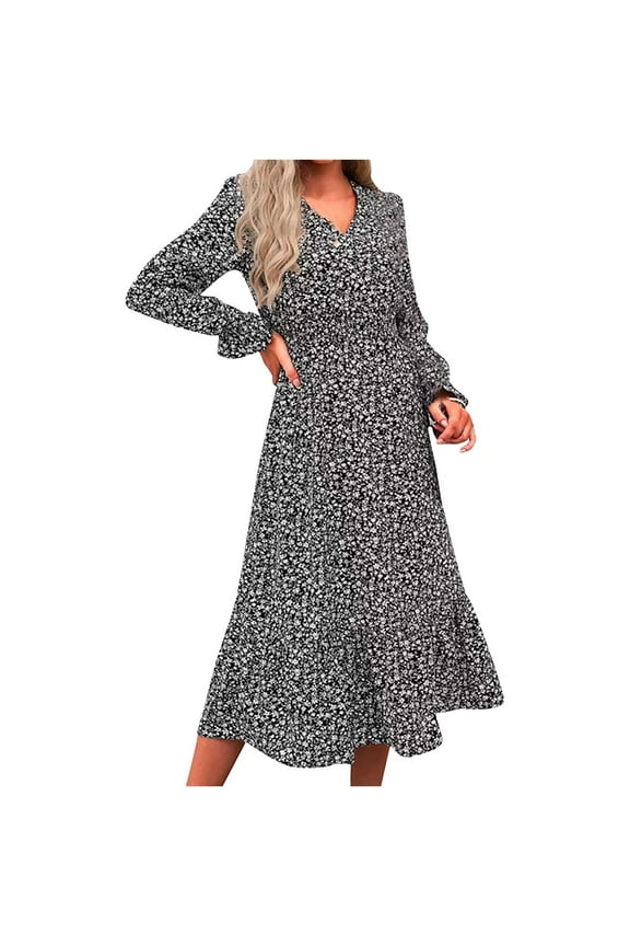 Dresses For Women Fall Dresses Trendy Autumn Winter Floral 2025 Long Sleeves V-Neck Ruffled Flared Sleeves Dress Black