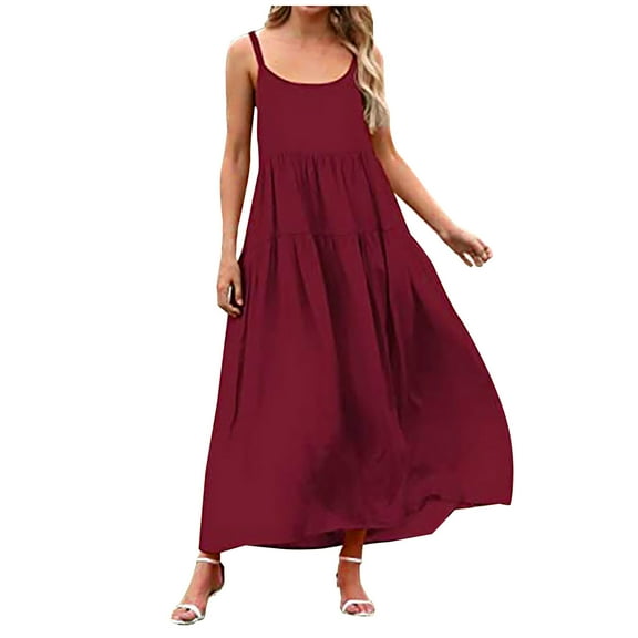 Odeerbi Dresses For Women Maxi Dress Boho Dress 2025 Casual Floral Round Neck Sleeveless Beach Tiered Sundress Long Swing Dress Burgundy