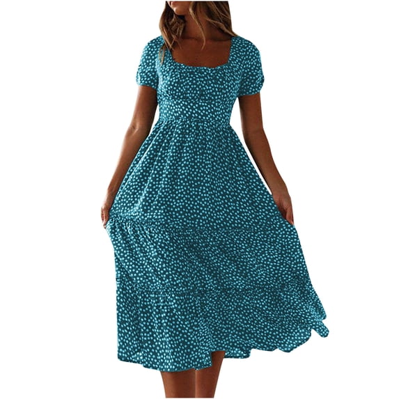 Odeerbi Dresses For Women Midi Dress Trendy Casual Square-Neck Print Short Sleeve Loose Dress Blue