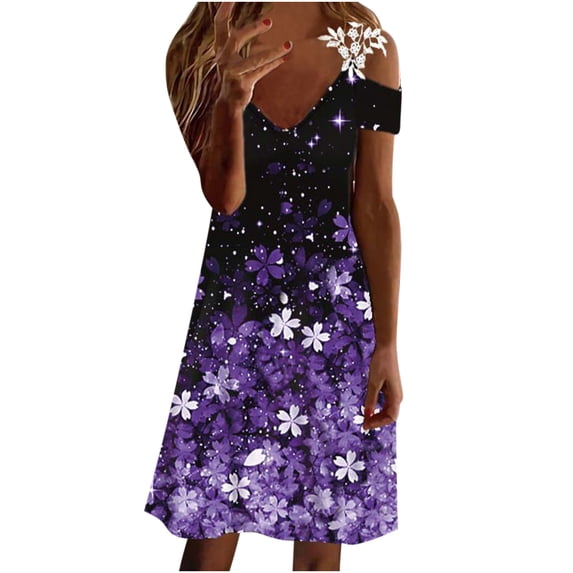 Odeerbi Dresses For Women Off The Shoulder Dresses 2025 Casual Slimming Draw Back Solid Short Sleeves V-Neck Lace Dress Purple