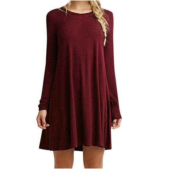 Odeerbi Dresses For Women Trendy 2025 Casual Long Sleeve Solid Round Neck Loose Mini Dress Burgundy