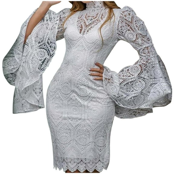 Odeerbi Dresses For Women White Dress 2025 Long Sleeve Short Dresses European Beauty Lace Embroidered Bell Sleeve Dress Slim Banquet Evening Dress White