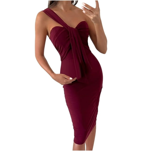 Odeerbi Dresses for Women 2024 One Shoulder Dresses Elegant Erogenous Solid Slimming Sleeveless Bandage Hip Wrap Burgundy