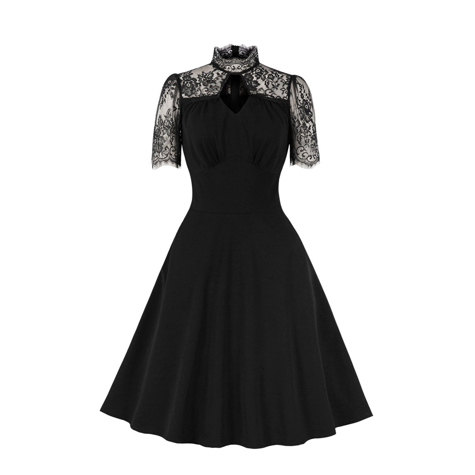 Odeerbi Dresses for Women 2024 Party Dresseses Round Neck Lace Retro Little Black Dress Solid Color Short Sleeves High Waist Formal Dress Black