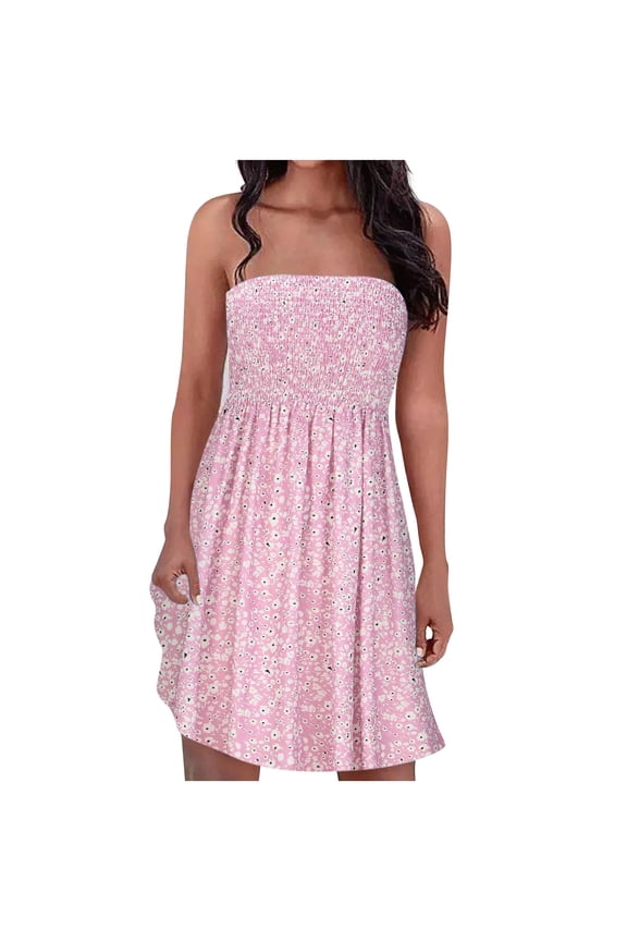 Dresses for Women 2025 Casual Dresses Bohemian Style Strapless Elastic Band Dress Sleeveless Floral Print Dress Red