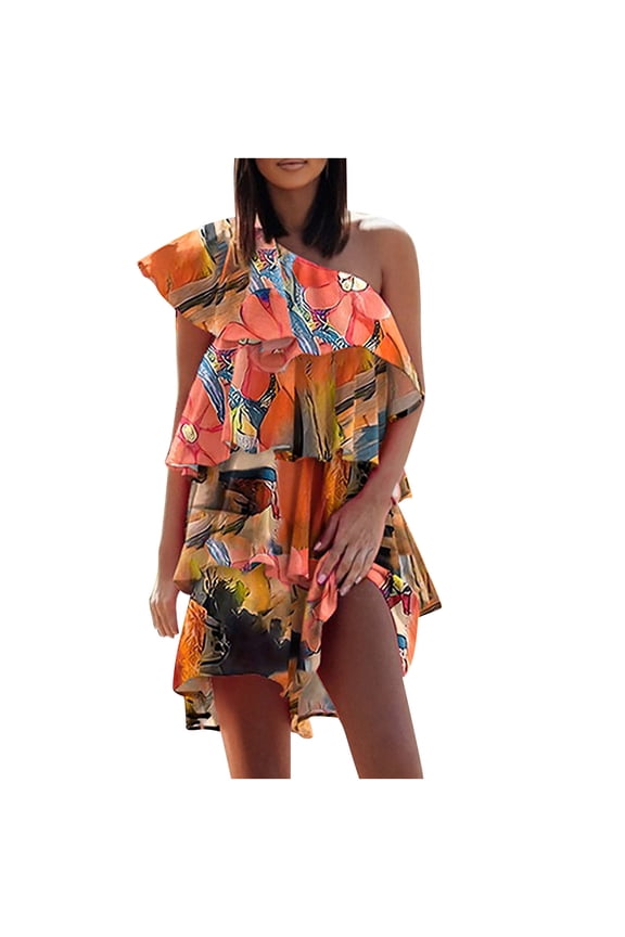 Dresses for Women 2025 Casual Dresses Erogenous Printed Sloping Shoulders Sleeveless Ruffle Orange