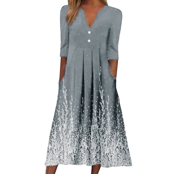 Odeerbi Dresses for Women 2025 Casual Dresses Fashion Printed Slimming Buttons V-Neck Half Sleeve Long Gray